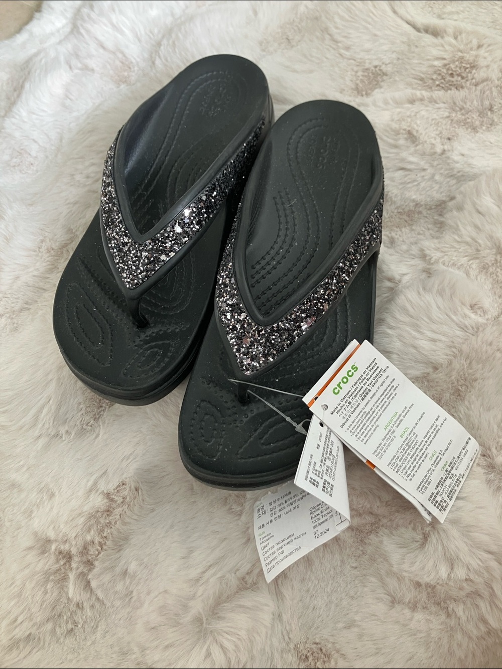 CROCS Black Glitter Wedge Flip Sandals